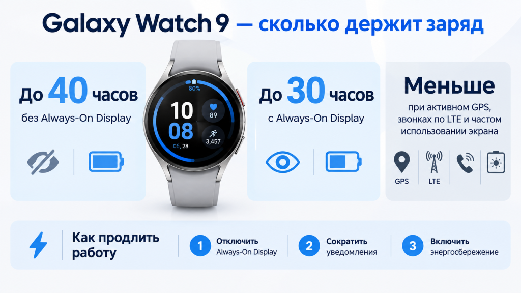 Galaxy Watch 9 - сколько держит заряд в разных режимах работы Galaxy Watch 9 сколько держат заряд - автономность батареи в разных режимах