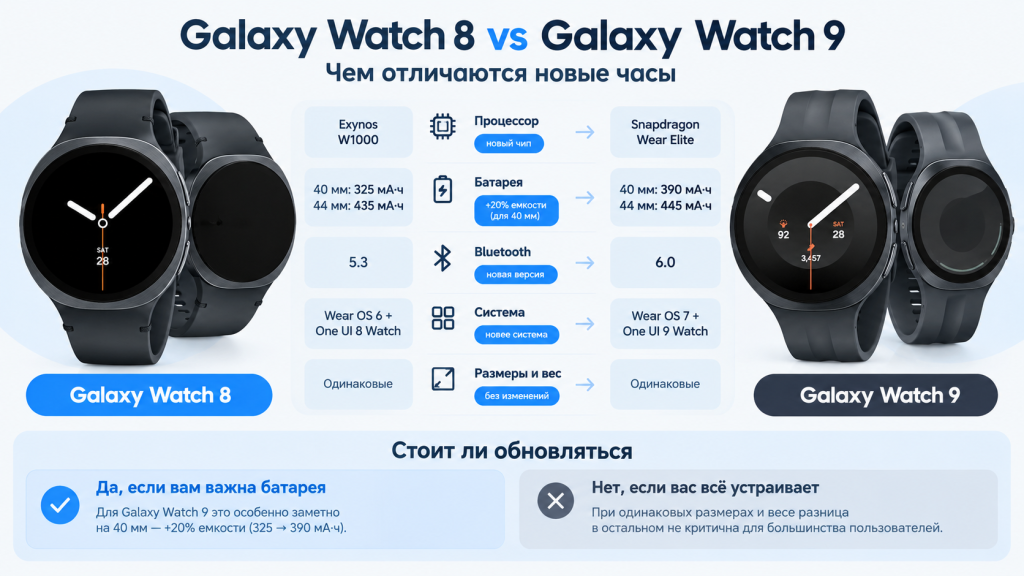 Galaxy Watch 8 и 9 - сравнение характеристик и визуальных отличий Сравнение Galaxy Watch 8 и 9 - чем отличаются новые часы от предыдущего поколения