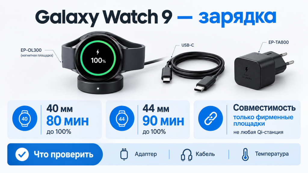 Galaxy Watch 9 - беспроводная зарядка, совместимые модели и скорость Galaxy Watch 9 беспроводная зарядка - какая зарядка нужна и скорость зарядки