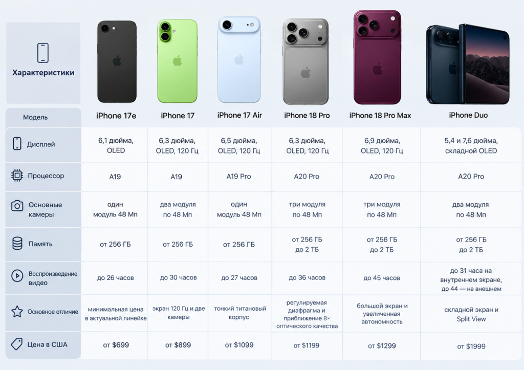 Сравнение iPhone 17e, 17, Air, 18 Pro, 18 Pro Max и Duo - таблица характеристик и цен