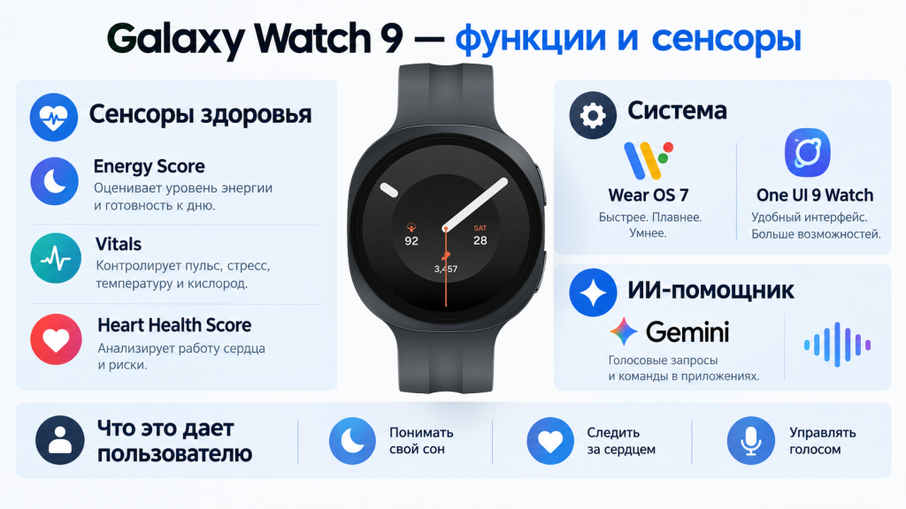 Galaxy Watch 9 - ключевые функции и новые сенсоры здоровья Samsung Galaxy Watch 9 функции - новые возможности и сенсоры здоровья