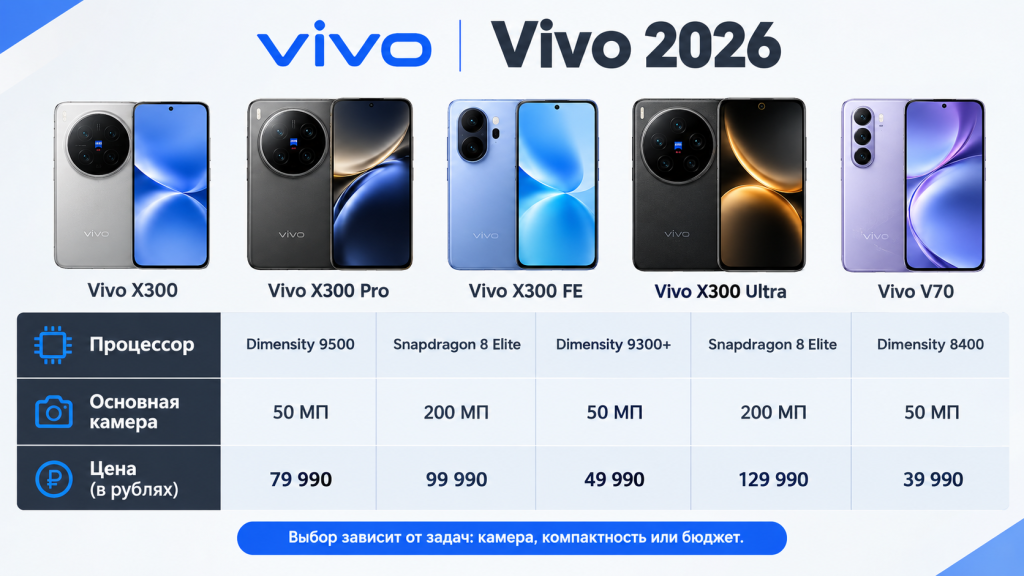 Сравнение смартфонов Vivo 2026 - таблица характеристик X300 Pro Ultra V70