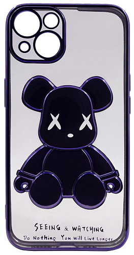 Чехол для iPhone 14 прозрачный с 3D мишкой Фиолетовый 250_100_534255