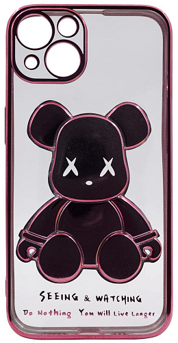 Чехол для iPhone 14 Plus прозрачный с 3D мишкой Розовый 250_100_533767