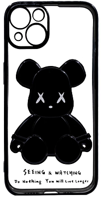 Чехол для iPhone 13 прозрачный с 3D мишкой Черный 400_400_131958