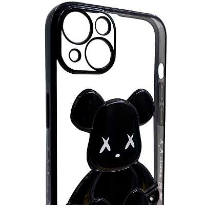 Чехол для iPhone 13 прозрачный с 3D мишкой Черный 400_400_131765