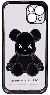 Чехол для iPhone 13 прозрачный с 3D мишкой Черный 400_400_131959