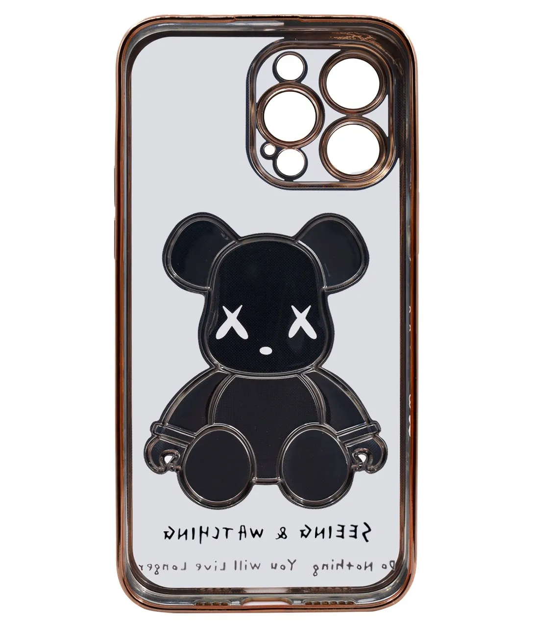 Чехол для iPhone 13 Pro Max прозрачный с 3D мишкой Золотой