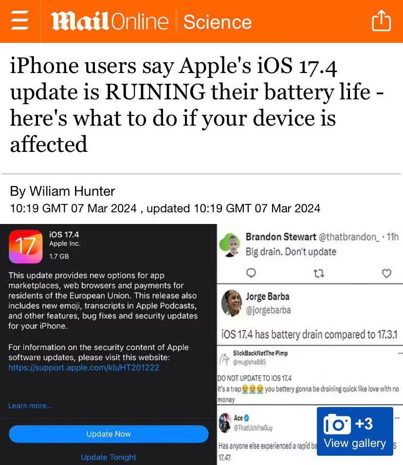 Новая версия iOS 17.4 «убивает» батарею на iPhone.